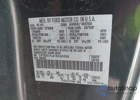 2001 Ford F-150 Lariat/Xl/Xlt from USA, damaged, VIN 1FTRX17L61KC65536